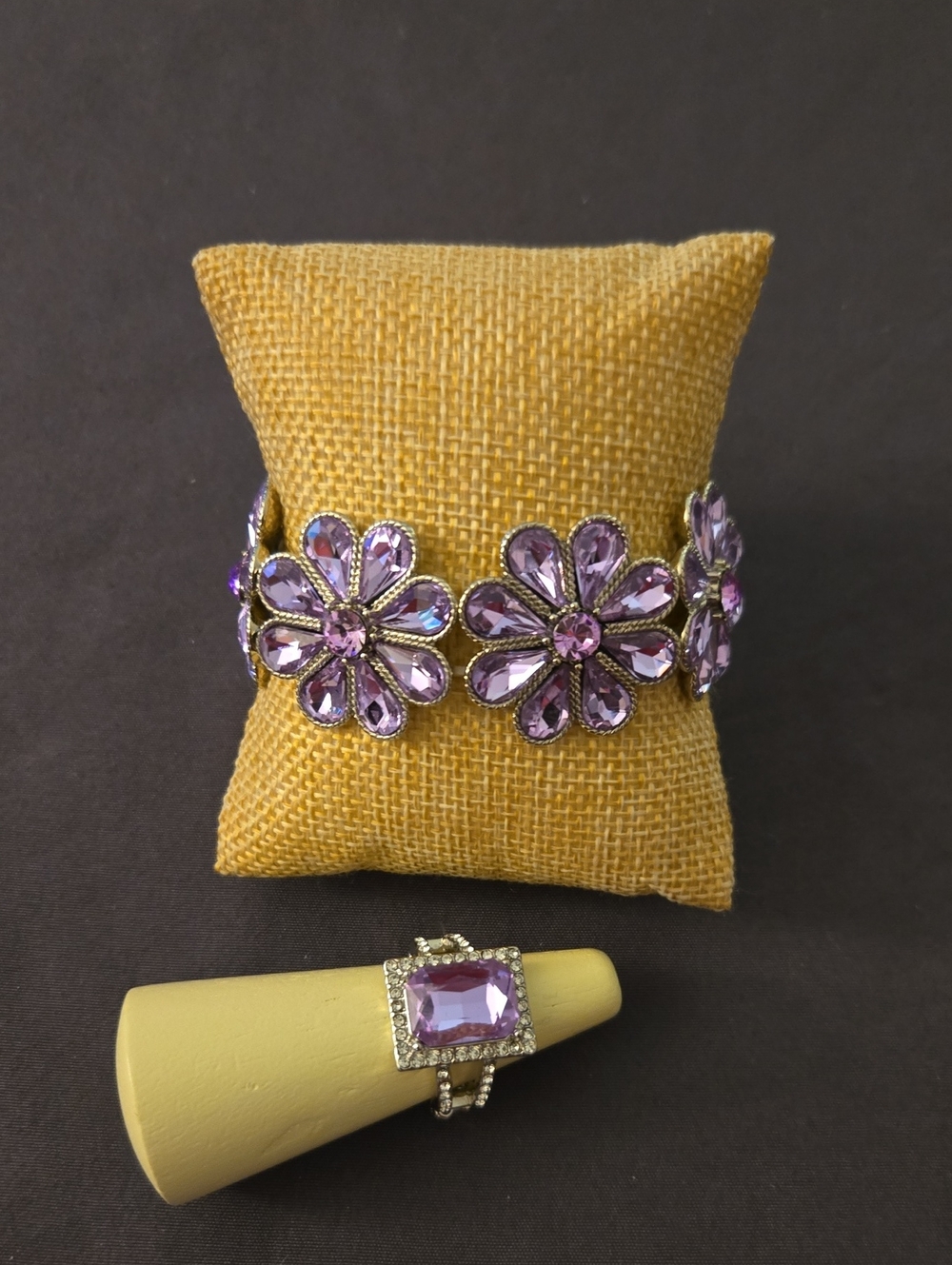 Purple Flower Crystal Bracelet and Ring Set